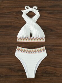鋸齒紋織帶掛脖比基尼泳裝 - 白色 - 查看 6