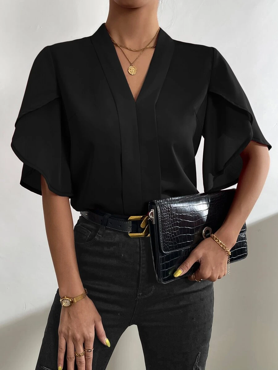 SHEIN Clasi 素色花瓣袖襯衫 - 黑色 - 查看 1