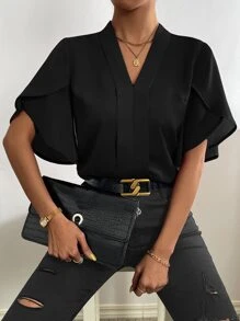 SHEIN Clasi 素色花瓣袖襯衫 - 黑色 - 查看 4