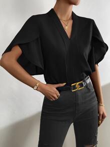 SHEIN Clasi 素色花瓣袖襯衫 - 黑色 - 查看 6