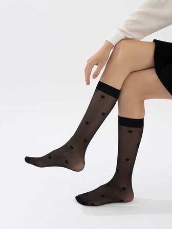 1雙女式心形圖案休閒過膝襪