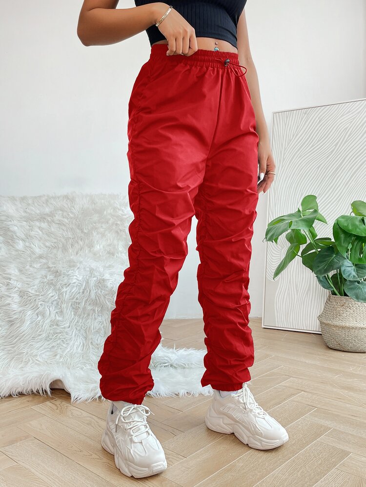 SHEIN PETITE 素色彈性腰帶褶邊長褲 - 紅色 - 查看 2