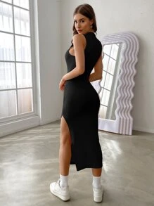 SHEIN Essnce Đầm Tách cao màu trơn Gợi cảm - màu đen - Xem 2