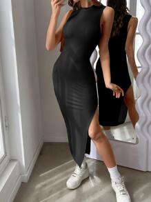 SHEIN Essnce Đầm Tách cao màu trơn Gợi cảm - màu đen - Xem 5