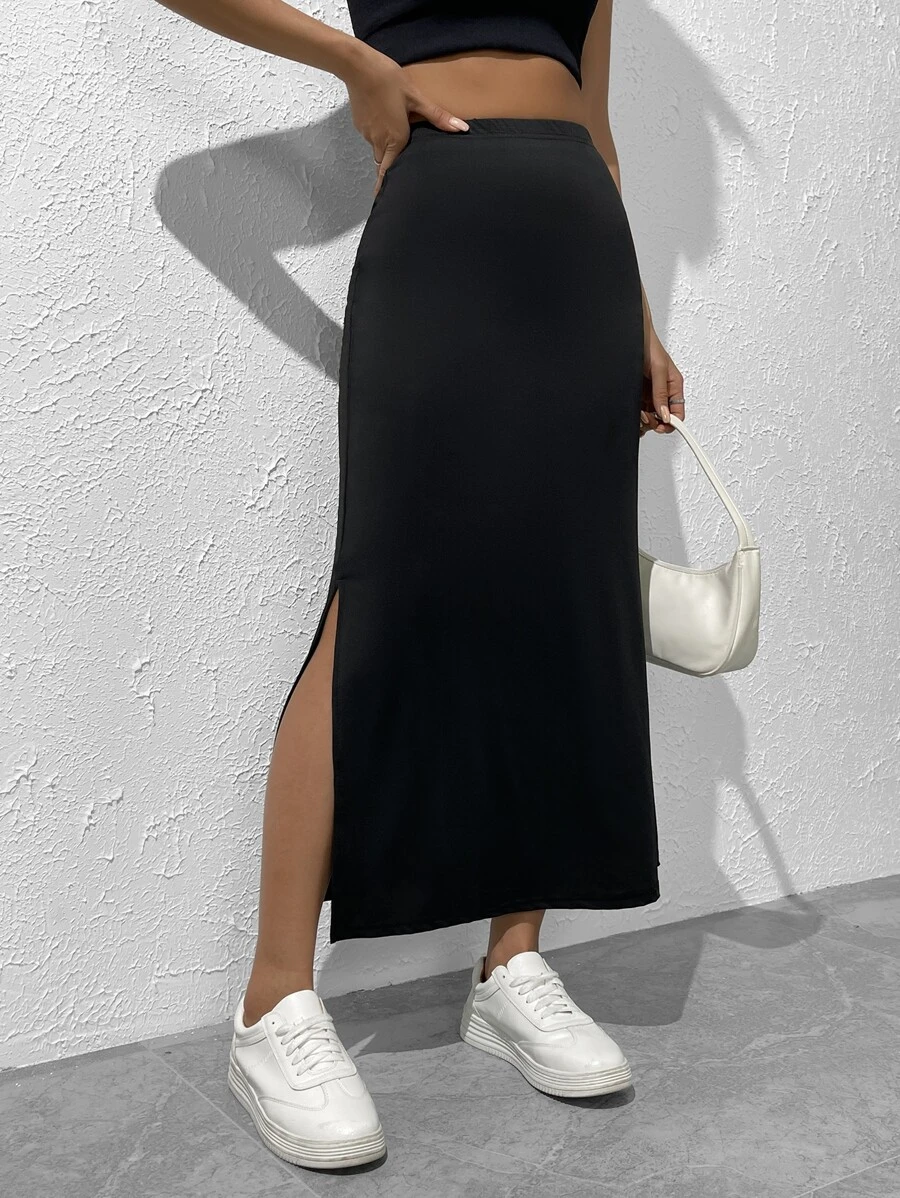 SHEIN EZwear Einfarbiger Schwarzer Rock Mit Schlitz Am Oberschenkel