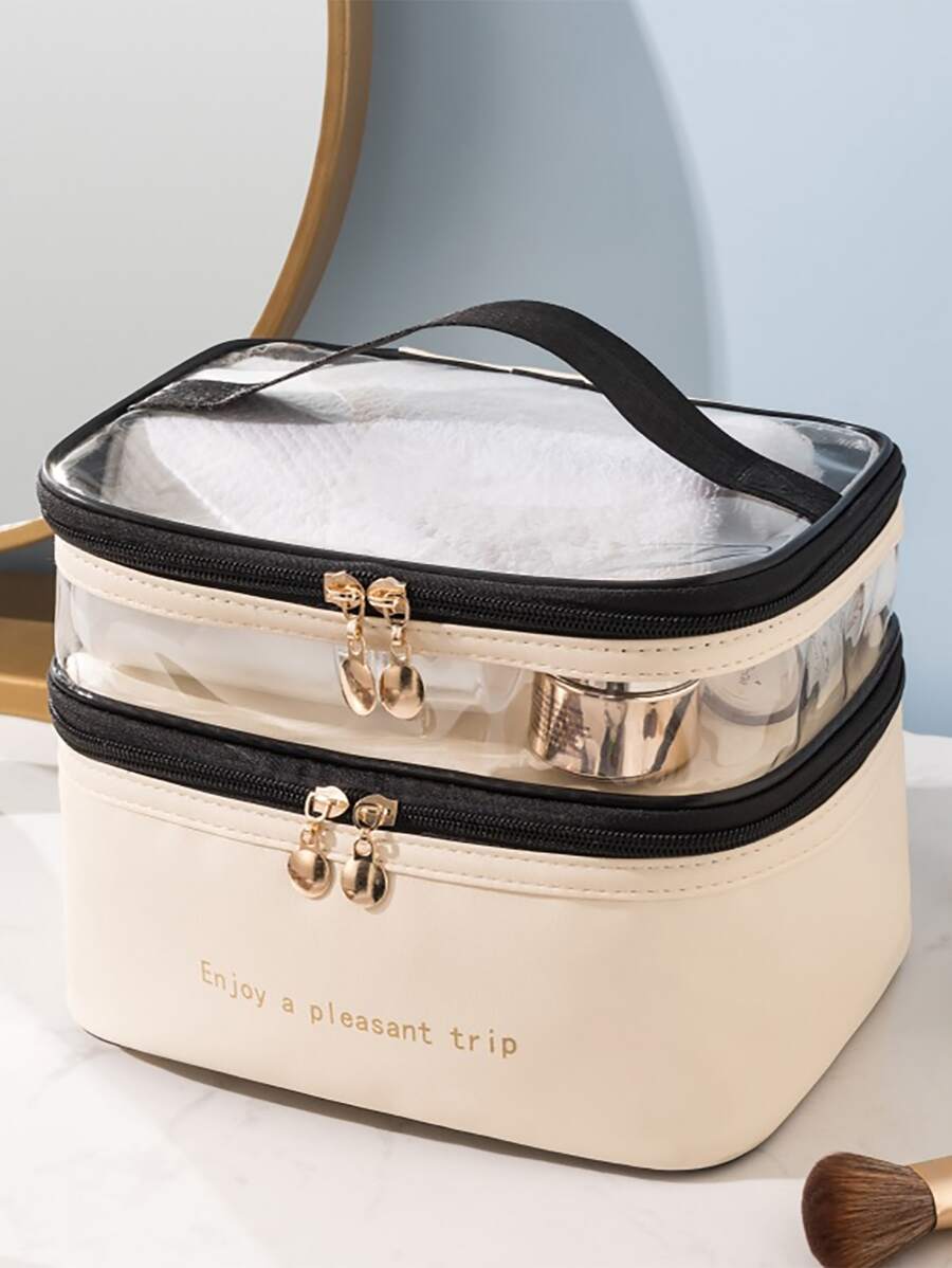 双层米色化妆包化妆包化妆品收纳包化妆品收纳袋化妆盒盥洗包洗漱包旅行浴室大学宿舍女孩女士妈妈妈妈开学礼物书包旅行必需品旅行收纳包海滩暑假学校用品化妆包节日必需品化妆包化妆品收纳包节日冬季 2024
