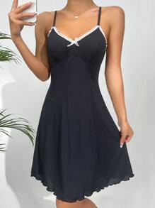 Váy ngủ & áo ngủ Nữ Hội Chữ thập Xù nhỏ Nơ trước màu trơn Dễ thương - màu đen - Xem 1