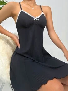 Váy ngủ & áo ngủ Nữ Hội Chữ thập Xù nhỏ Nơ trước màu trơn Dễ thương - màu đen - Xem 5