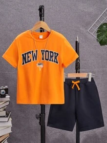 SHEIN Boys Letter Graphic Tee & Drawstring Waist Shorts - Multicolor - View 1