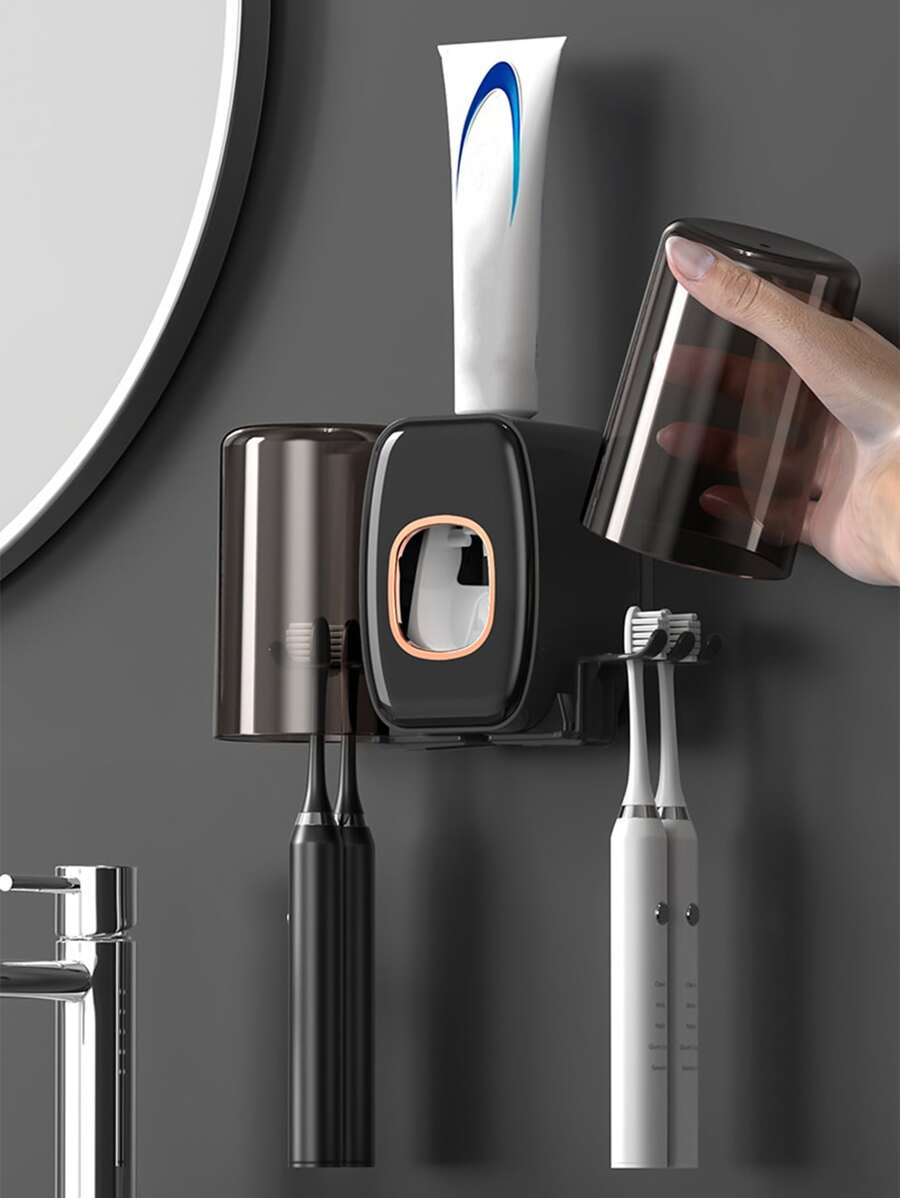 1套塑料牙刷架和牙膏擠壓器和漱口杯現代壁掛式浴室牙刷架套裝 - 彩色 - 查看 1