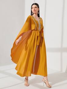 Seusyu Contrast Trim Rhinestone Detail Belted Kaftan Dress - Mustard Yellow - View 6