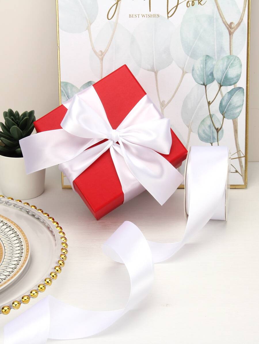 1roll Polyester Gift Ribbon, Creative Solid Color Gift Wrapping Filament For Party - White - View 1