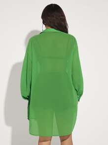 SHEIN SXY Solid Button Front High Low Hem Shirt Without Bra - Green - View 2