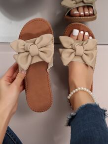 女士防滑荔枝紋壓花蝴蝶結裝飾優雅平底涼鞋 - 駝色 - 查看 1