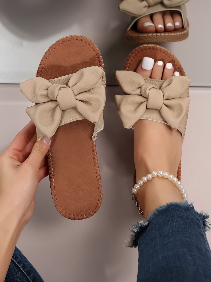 女士防滑荔枝紋壓花蝴蝶結裝飾優雅平底涼鞋 - 駝色 - 查看 1