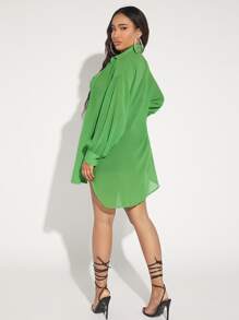 SHEIN SXY Solid Button Front High Low Hem Shirt Without Bra - Green - View 4