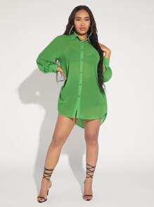 SHEIN SXY Solid Button Front High Low Hem Shirt Without Bra - Green - View 6