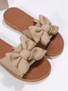 女士防滑荔枝紋壓花蝴蝶結裝飾優雅平底涼鞋 - 駝色 - 查看 6