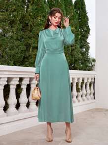 Modelyn Draped Collar Ruched Waist Satin Dress - Cadet Blue - View 1