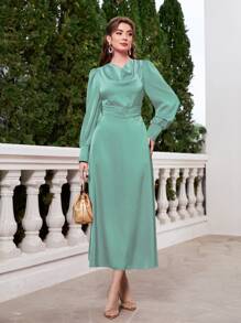 Modelyn Draped Collar Ruched Waist Satin Dress - Cadet Blue - View 4