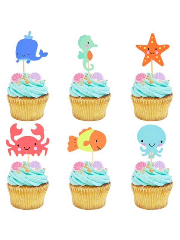 24pcs/set Paper Cake Top Decoration, Fish & Starfish Design Cake Topper For Party