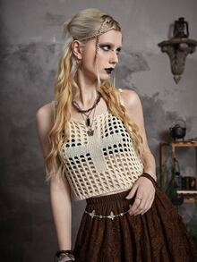 Áo dệt kim nữ Cắt ra cắt màu trơn Gợi cảm - Màu be - Xem 5