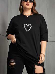 INAWLY Plus Heart Print Drop Shoulder Graphic Tee, Women Top, Summer