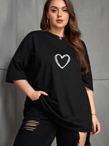 INAWLY Plus Heart Print Drop Shoulder Graphic Tee, Women Top, Summer