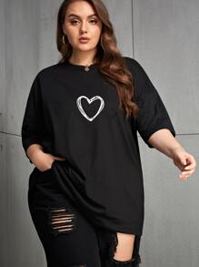 INAWLY Plus Heart Print Drop Shoulder Graphic Tee, Women Top, Summer