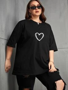 INAWLY Plus Heart Print Drop Shoulder Graphic Tee, Women Top, Summer