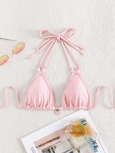 Beaded Detail Strawberry Decor Halter Triangle Bikini Top For Summer Beach Vacation
