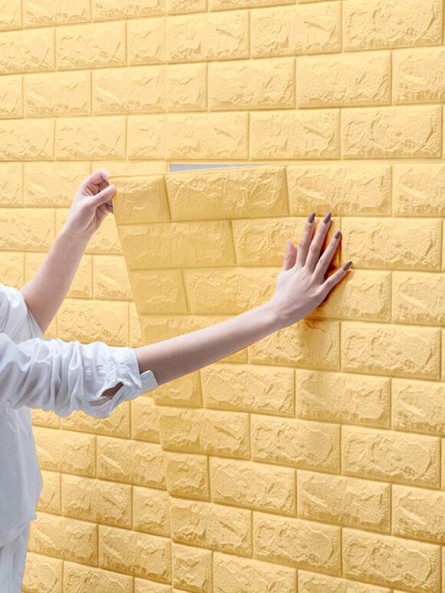 2 chiếc 35 X 38.5cm Giấy dán tường họa tiết gạch tự dính 3D, Giấy dán tường trang trí nhà màu vàng không thấm nước Trang trí nhà - Màu be - Xem 1
