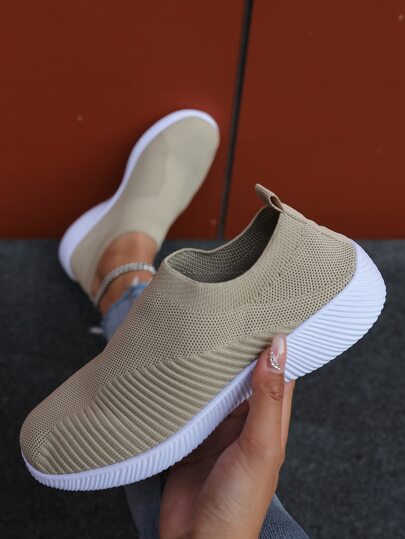 Sporty Running Shoes For Women, Knit Detail Slip-on Outdoor Sneakers