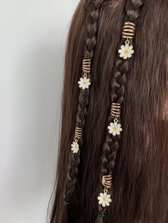 5 件装女士白色合金雏菊发环，适合辫子，甜美时尚清新风格，适合日常和度假佩戴波西米亚风发夹、学校用品、花朵、度假装女士