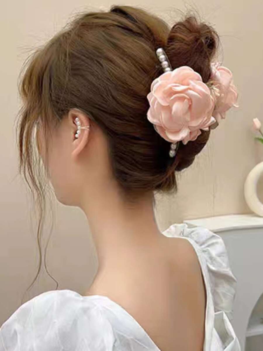 Flower & Faux Pearl Decor Hair Claw - Pink - View 1