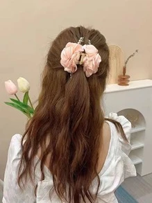 Flower & Faux Pearl Decor Hair Claw - Pink - View 2