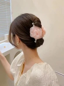 Flower & Faux Pearl Decor Hair Claw - Pink - View 3