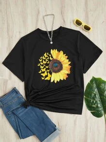 SHEIN LUNE Plus Sunflower & Butterfly Print Tee - Black - View 1