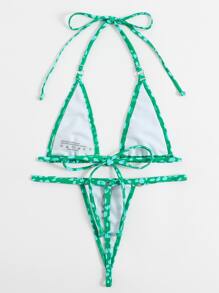 Conjunto de bikini de playa de verano con diseño de print de dálmata, con top estilo halter y triángulo - Verde - Ver 2