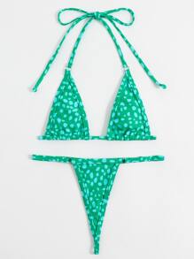 Conjunto de bikini de playa de verano con diseño de print de dálmata, con top estilo halter y triángulo - Verde - Ver 3