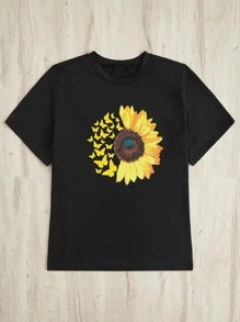 SHEIN LUNE Plus Sunflower & Butterfly Print Tee - Black - View 3