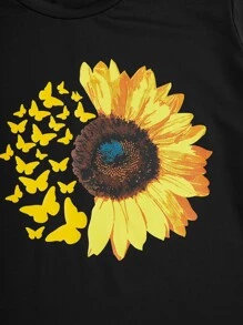 SHEIN LUNE Plus Sunflower & Butterfly Print Tee - Black - View 4
