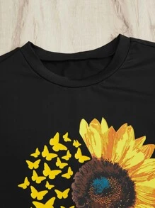SHEIN LUNE Plus Sunflower & Butterfly Print Tee - Black - View 5