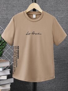 SHEIN Tween Boy Khaki Slogan Print Short Sleeve Round Neck T-Shirt, Suitable For Commuting And Sports - Khaki - View 1