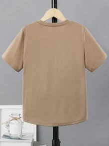 SHEIN Tween Boy Khaki Slogan Print Short Sleeve Round Neck T-Shirt, Suitable For Commuting And Sports - Khaki - View 2