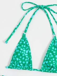 Conjunto de bikini de playa de verano con diseño de print de dálmata, con top estilo halter y triángulo - Verde - Ver 5