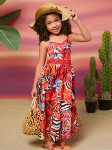 SHEIN Leap Crew Váy yếm in họa tiết nhiệt đới cổ chữ V khoét sâu bằng ren vá cho bé gái, mùa hè - Nhiều màu - Xem 1