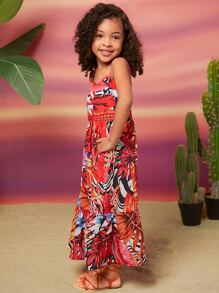 SHEIN Leap Crew Váy yếm in họa tiết nhiệt đới cổ chữ V khoét sâu bằng ren vá cho bé gái, mùa hè - Nhiều màu - Xem 3