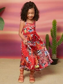 SHEIN Leap Crew Váy yếm in họa tiết nhiệt đới cổ chữ V khoét sâu bằng ren vá cho bé gái, mùa hè - Nhiều màu - Xem 4