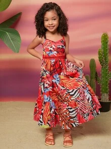 SHEIN Leap Crew Váy yếm in họa tiết nhiệt đới cổ chữ V khoét sâu bằng ren vá cho bé gái, mùa hè - Nhiều màu - Xem 6